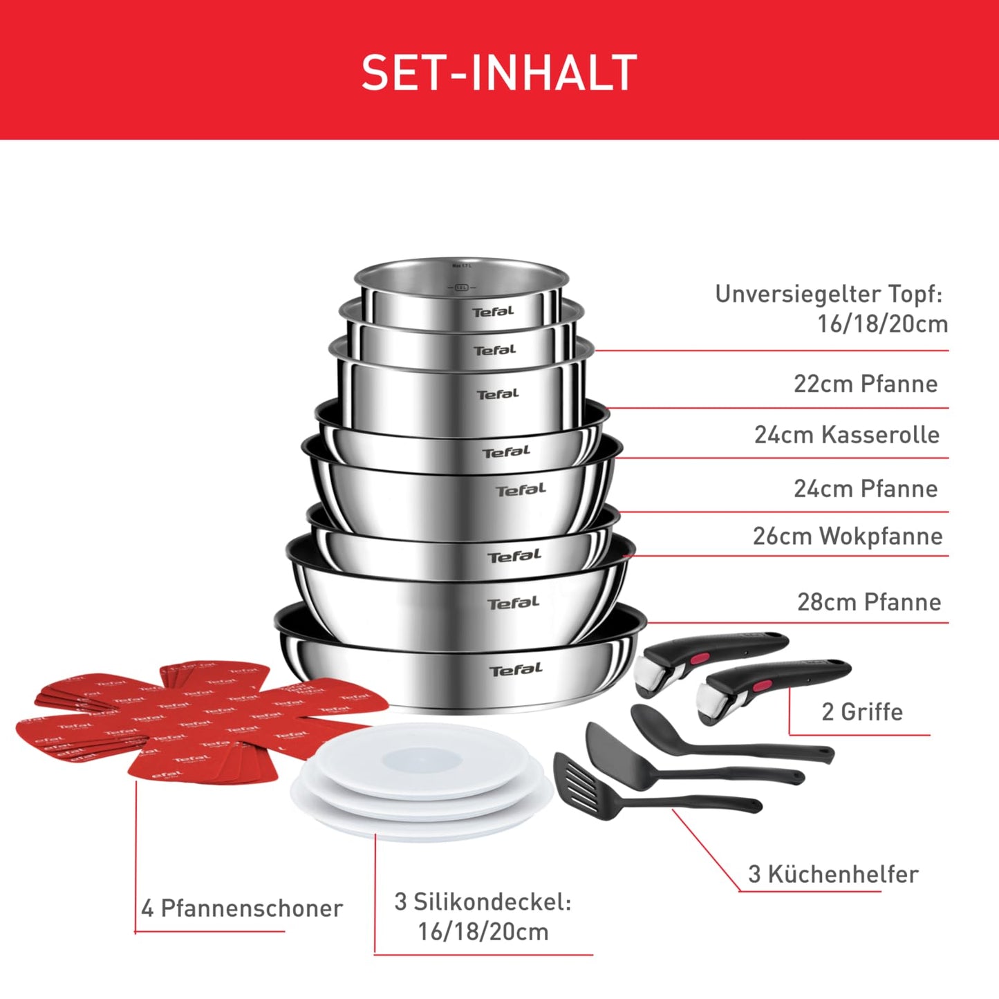Tefal Ingenio Emotion 20-piece pot and pan set with detachable handle, includes accessories, stackable, space-saving, Induction-compatible Titanium 2X non-stick coating, easy to use and clean, L897SK.