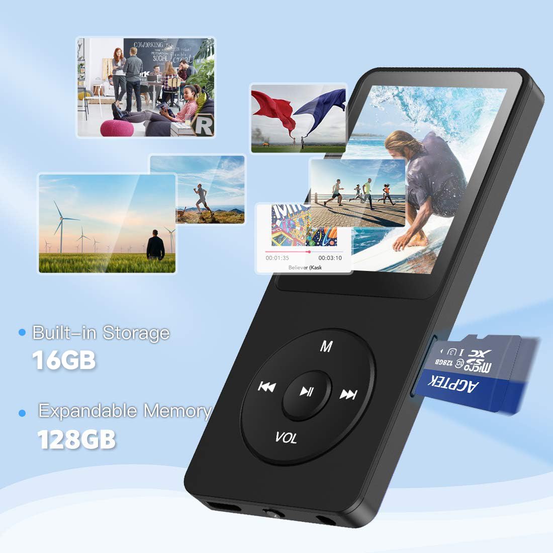 AGPTEK MP3 Player, 16GB lossless MP3 with 1.8 inch screen, 70 hours portable music player with headphones, FM radio, pictures, recordings, e-book, black.