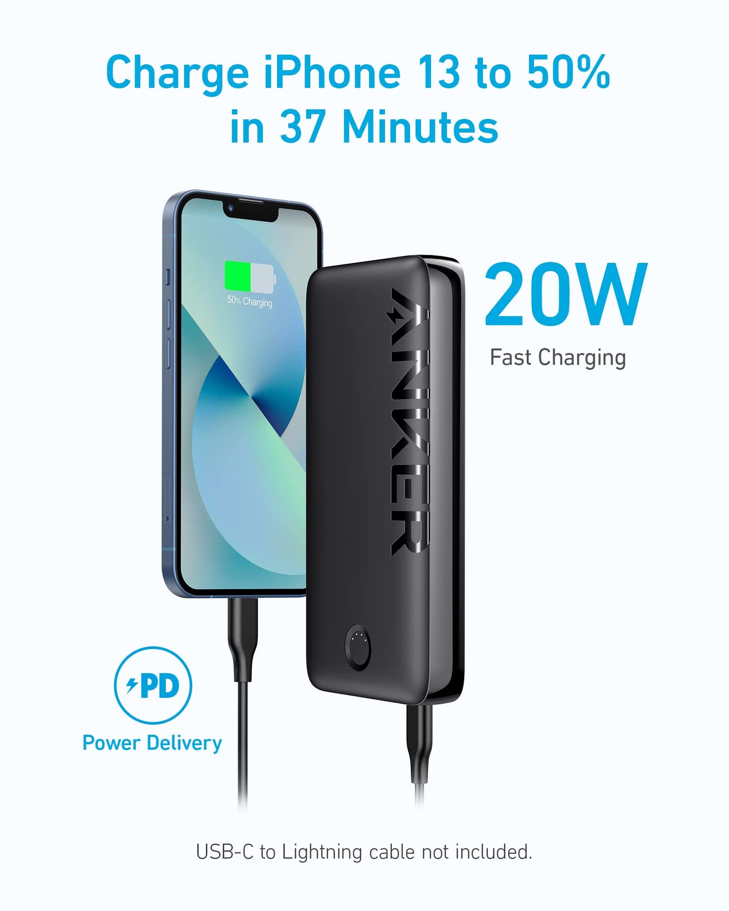 Anchor 335 Powerbank (PowerCore 20K), 20W external battery with USB-C charging, compatible with iPhone 13/12 Series, Galaxy, iPad Pro, AirPods, Apple Watch, and more.