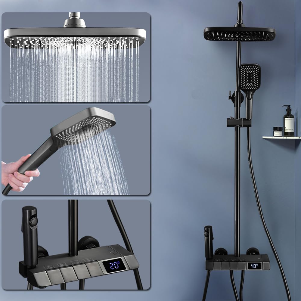 Black shower system, stainless steel shower set with shower faucet, rain shower with faucet and 3 spray modes shower head 86-120cm shower column shower set, 30x19 cm rain shower head, LED display shower set.