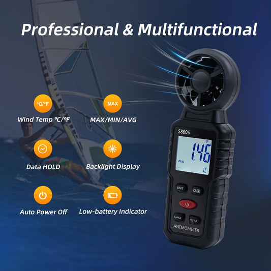 Mcbazel 3 in 1 Handheld Digital Anemometer Wind Speed Meter for measuring wind speed, temperature, wind chill for HVAC, drones, sailing, fishing.
