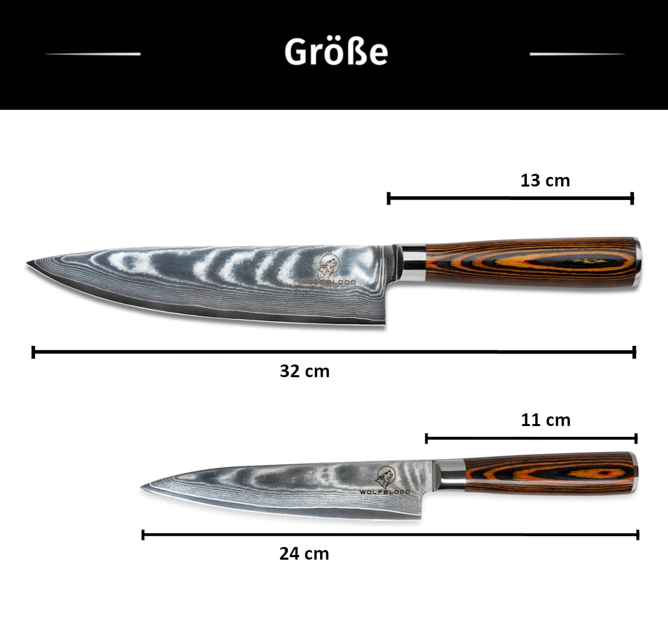Wolfblood 2-piece damascus knife set (32cm and 24cm) Professional kitchen knives made of authentic 67-layer damascus steel. Set includes chef's knife, cooking knife, wooden handle, gift box, and blade guard.