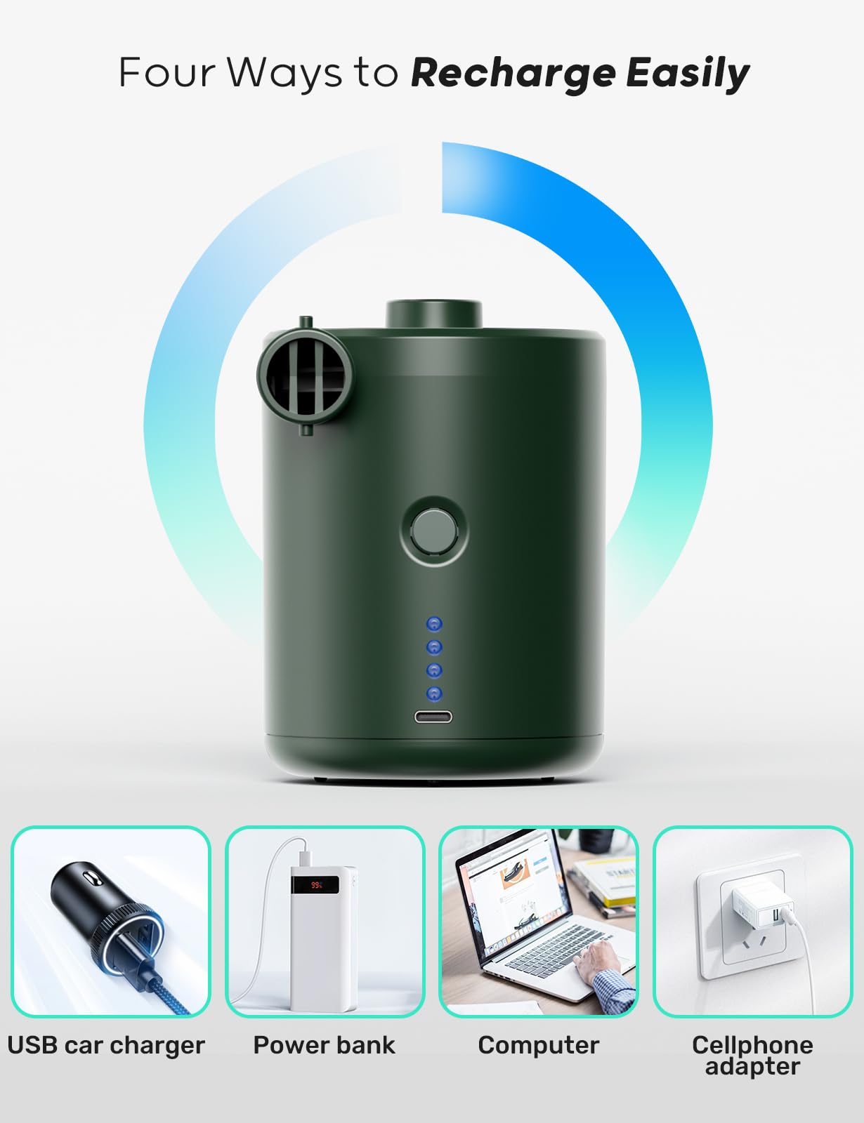 QPAU Electric Air Pump, 5000mAh Rechargeable Battery Air Pump, Quick-Fill Inflator Deflator Electric Air Pump with 3 Nozzles for camping sleeping pad, air mattress, inflatable boat.