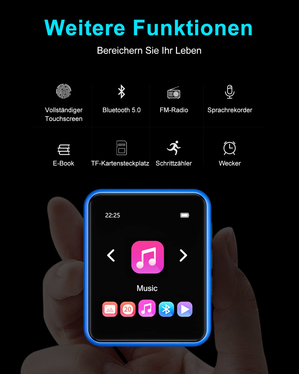 32GB MP3 Player Bluetooth 5.0 with Full Touchscreen, Lossless HiFi Music Player with Metal Casing, with FM Radio, Speaker, Line-in Recording, Support up to 128GB