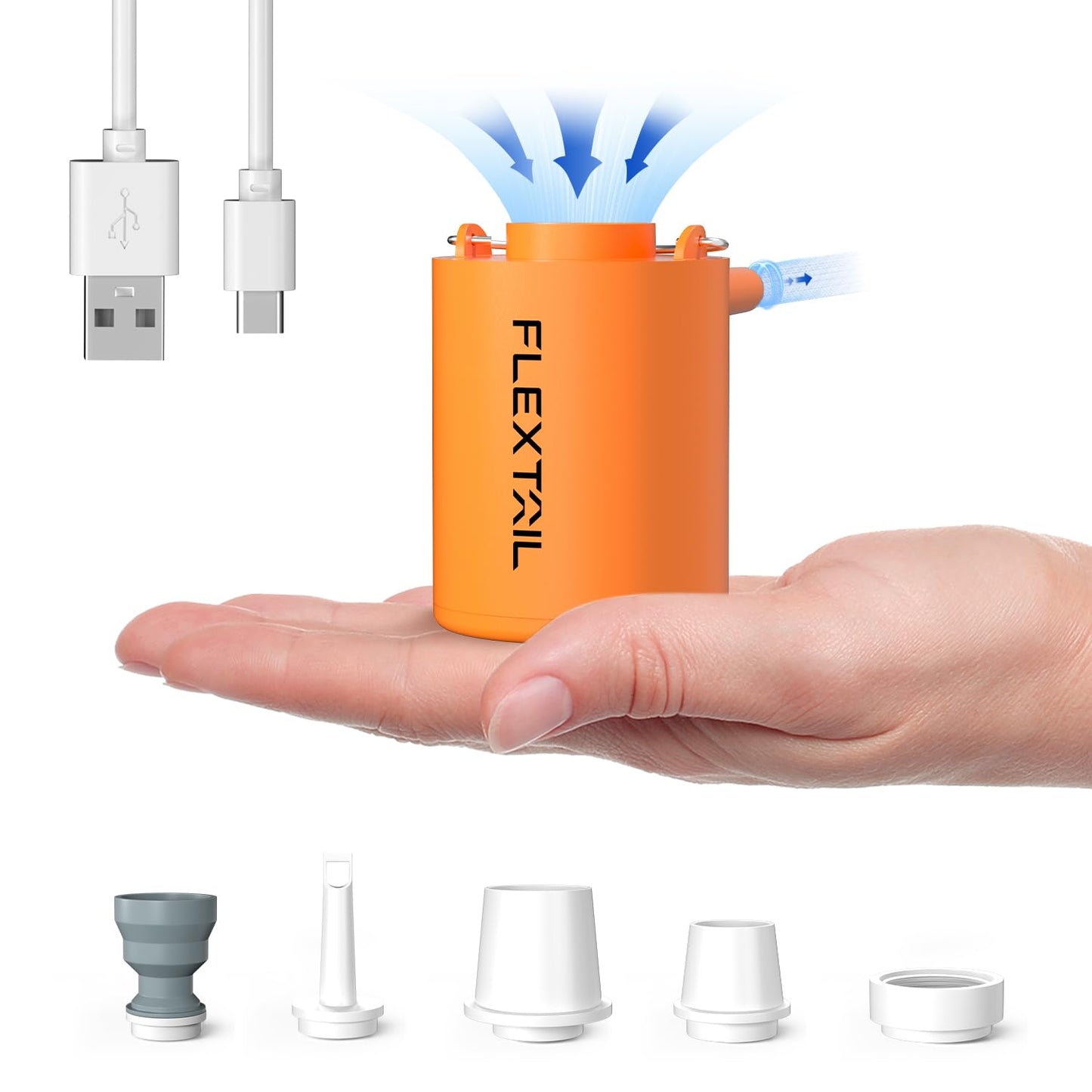 FLEXTAILGEAR Mini Pump, 4 kPa electric air pump for inflating/deflating air mattresses, rechargeable camping pump for air mattresses, swim rings, vacuum bags (Orange)
