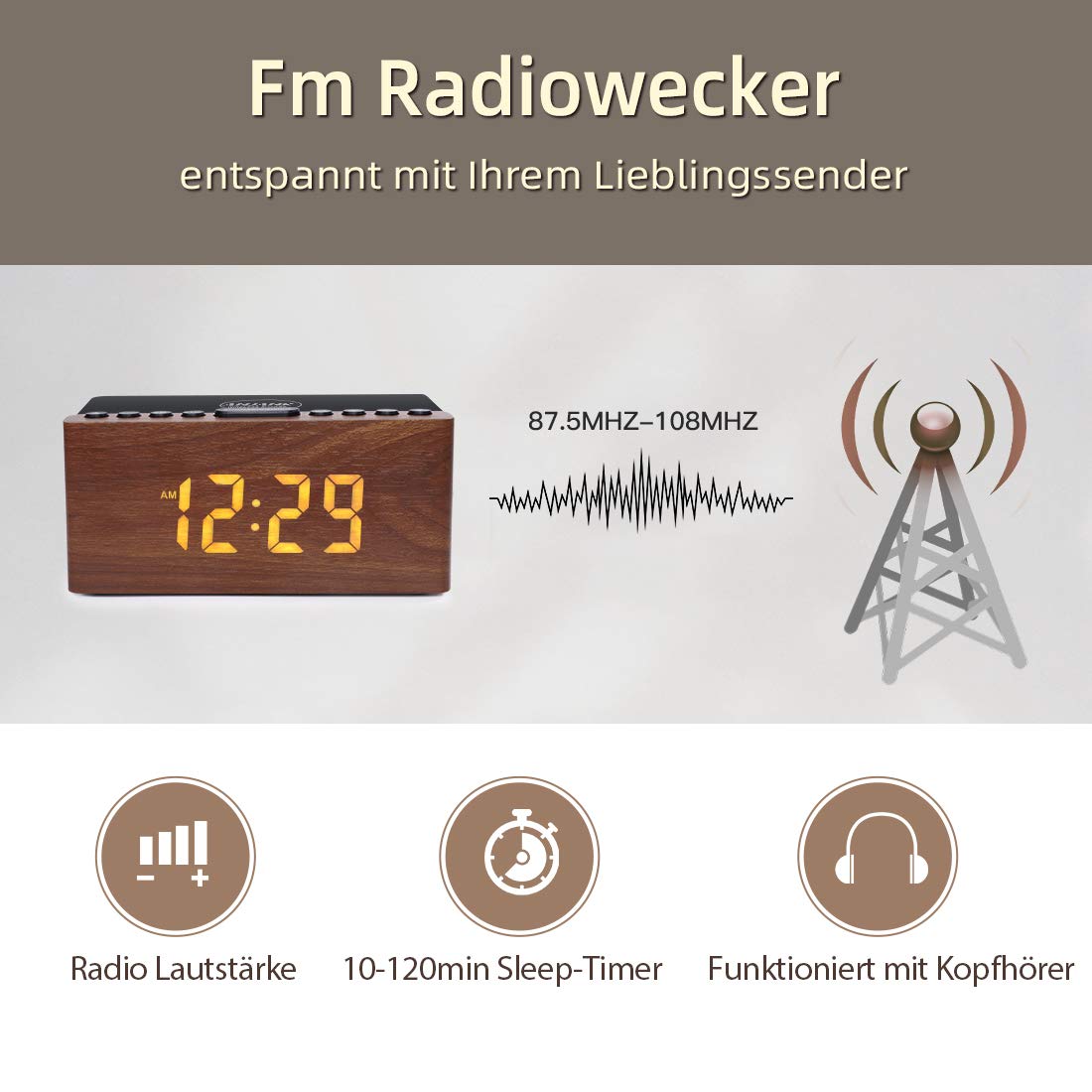 ANJANK Digital Wooden Alarm Clock with Wireless Charging Station, 10W Fast Charger for iPhone/Samsung Galaxy, LED Display with 5-Level Dimmer, USB Charging Port, Clock Radio, No Ticking