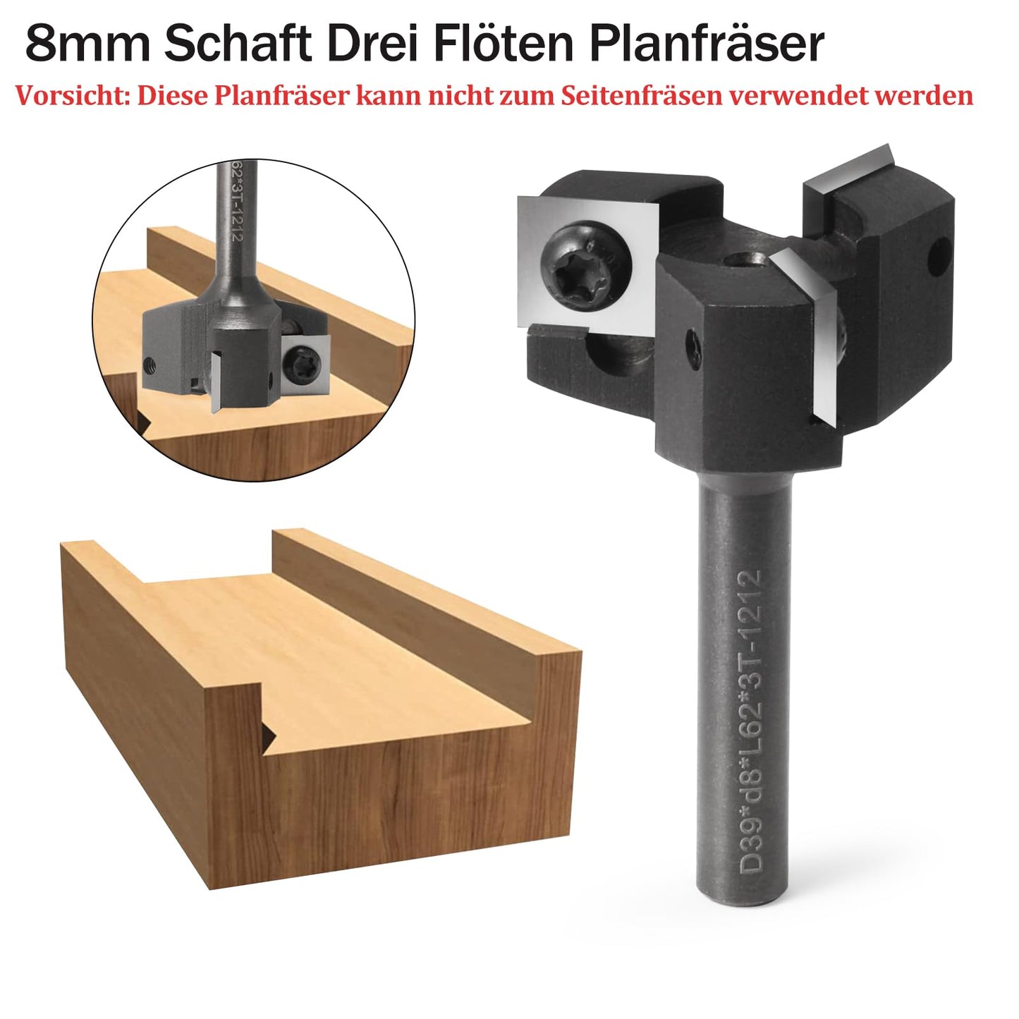 8mm shank 3 flute planing cutter with 10 interchangeable carbide inserts (12x12x1.5mm) for wood. Diameter 39mm, professional planing cutter for routers, cutters & CNC machines (D=39 S=8)