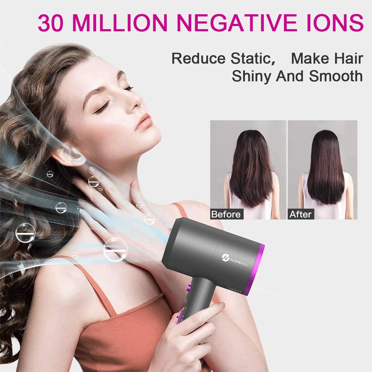 Ions Hair Dryer AC Motor 1800W, slopehill Quick Dry Hair Dryer, Salon Hairdryer with Hot/Cold Button, 3 Dryer Concentrators and Diffuser, 3 Heat Settings, 2 Speeds (Purple)