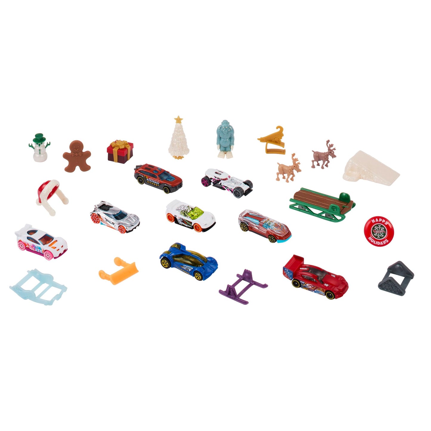Hot Wheels Advent Calendar - 8 cars and 16 winter accessories behind 24 numbered doors, including a play mat, for kids and fans. HKL74