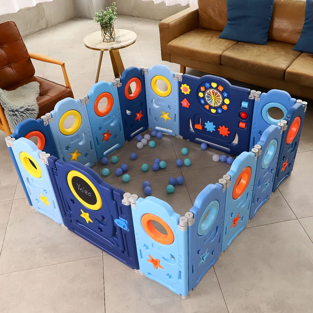 YOLEO Playpen for baby, Foldable Playard 120×120cm, Plastic Playpen in adaptable shape, playpen with door and toy board, Blue