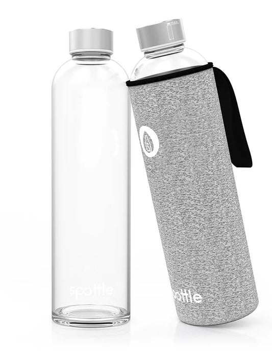 Spottle glass drinking bottle 1L - glass bottle 500ml - 750ml - 1 liter with neoprene sleeve - protective cover - glass drinking bottle with screw cap (Gray mottled (old), 1000 ml)