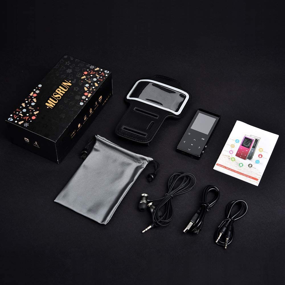 64GB MP3 Player, MUSRUN MP3 Player with Bluetooth Armband, HiFi, AUX recording, Sleep timer, FM radio, FM recording, Matte Black