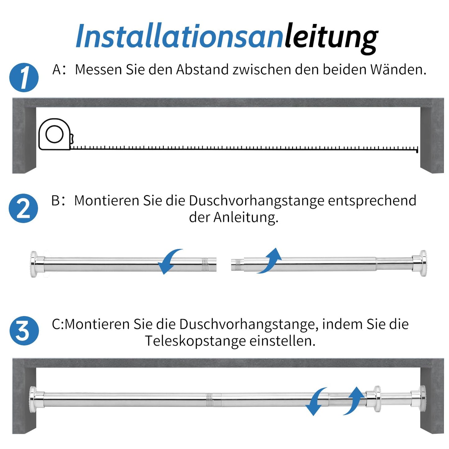 Shower curtain rod, Retractable shower curtain rod without drilling, 70-134cm, Adjustable silver shower curtain rod, Rustproof and non-slip, Suitable for use in bathrooms