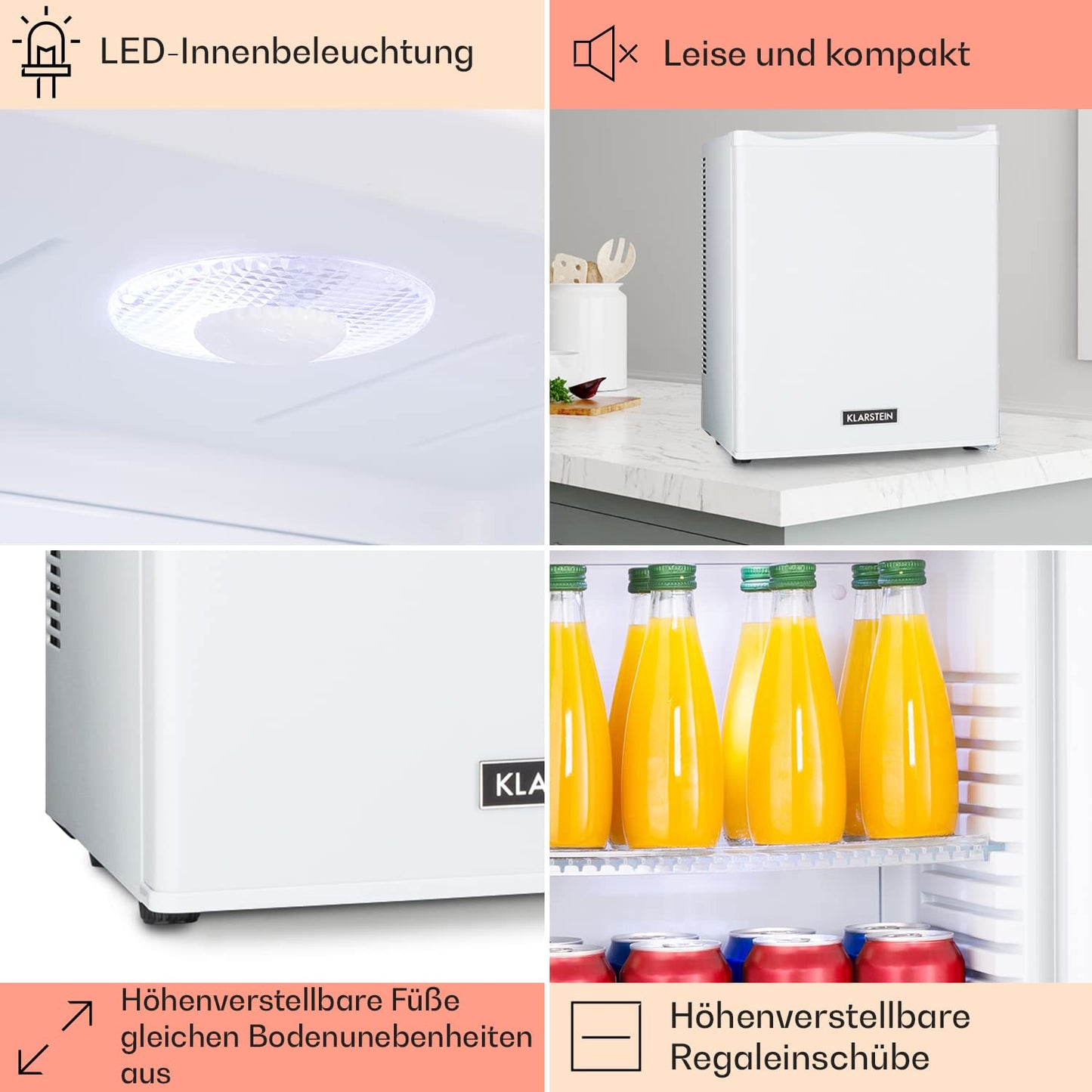 Klarstein Mini Fridge for Room, 23L Mini Fridge for Drinks & Cosmetics, Small Mini Bar, Fridge Small & Quiet, Adjustable Shelf, Small Skincare Fridge 5-15°C.