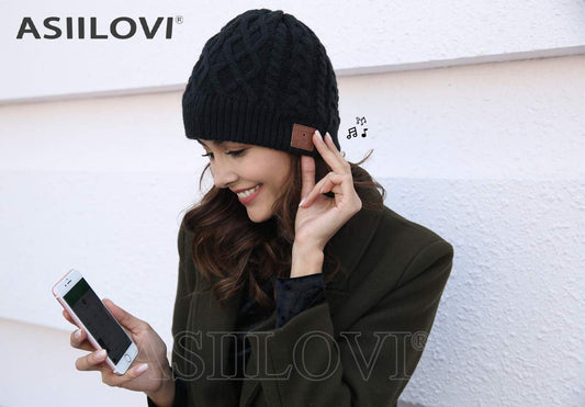 ASIILOVI Bluetooth Beanie, Bluetooth 5.0 Wireless Winter Warm Knit Hat with Double Fleece Lining, Microphone, and HD Speakers, Gifts for Family Thanksgiving Outdoor Christmas- Unisex