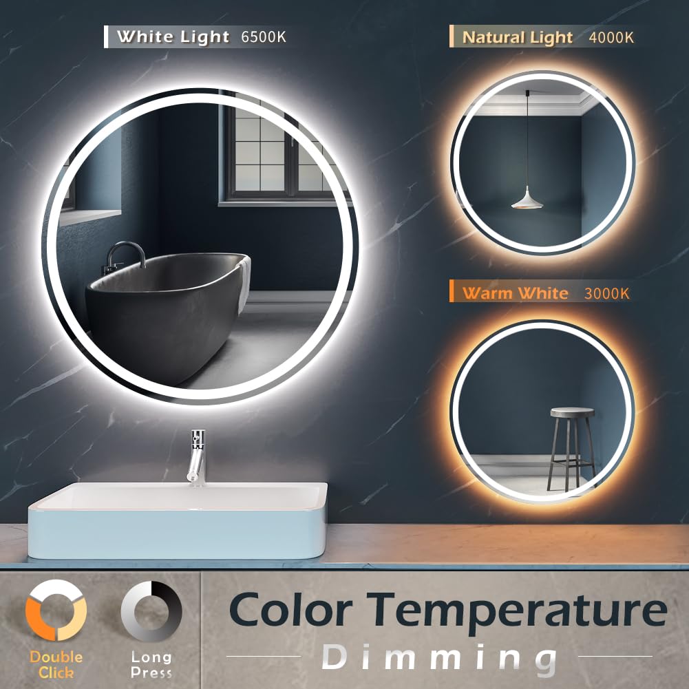 KWW 70cm LED Round Bathroom Vanity Mirror, Adjustable Color Temperature, Anti-fog Dimmable Lights, Wall Mounted Makeup Mirror with Smart Touch Button