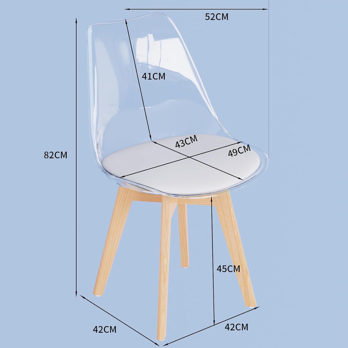 JIJIAN set of 6 dining chairs, transparent TPE backrest, beech wood legs, PU leather upholstered, Nordic style. Suitable for dining room, kitchen, living room, office, cafe.