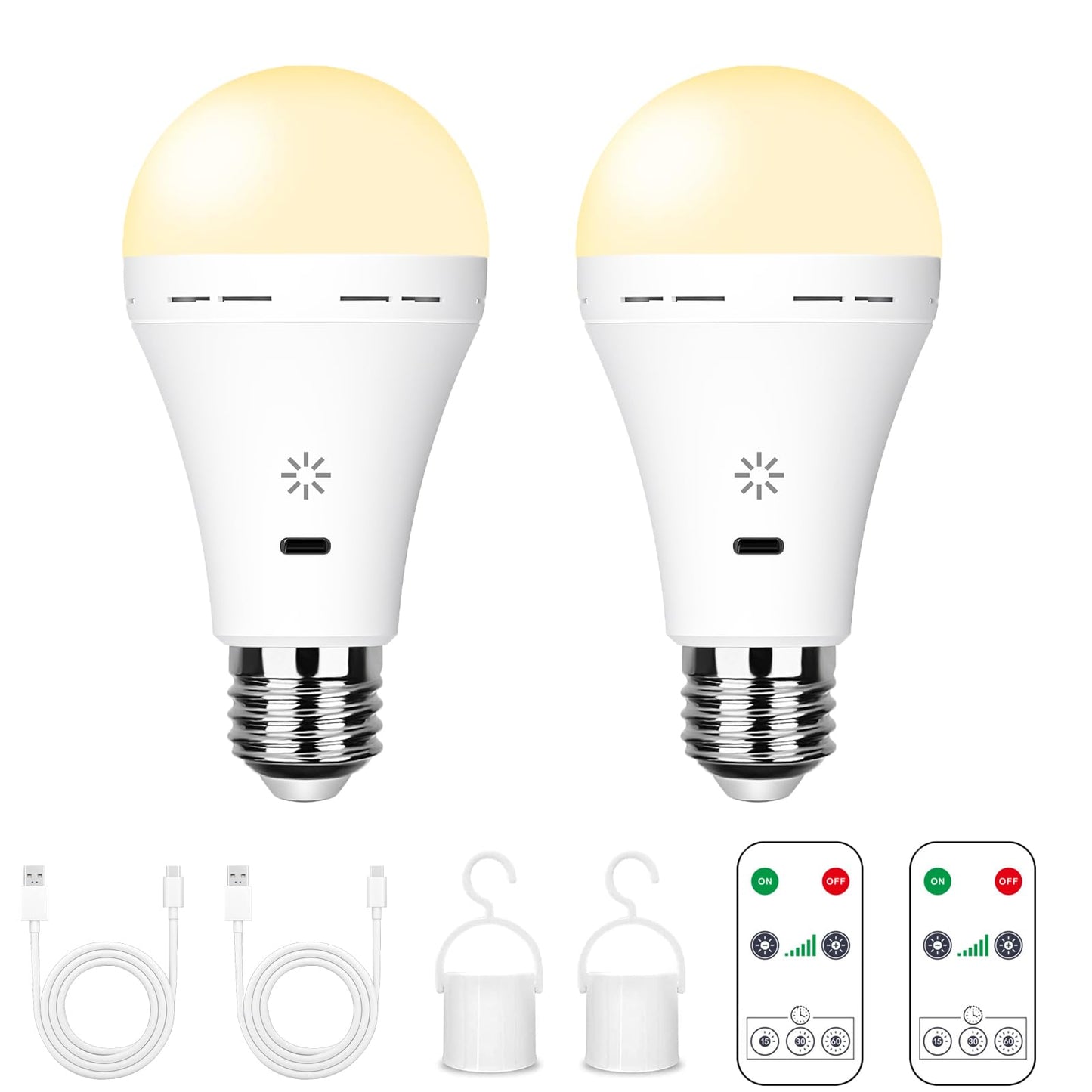 BOBOPAI USB-C Rechargeable Bulb With Remote Control, 7W E27 Smart Battery LED Bulb, Touch Control Dimmable, With Timing Function, Outdoor Camping Emergency Light With Hook, 3000k/2 pack