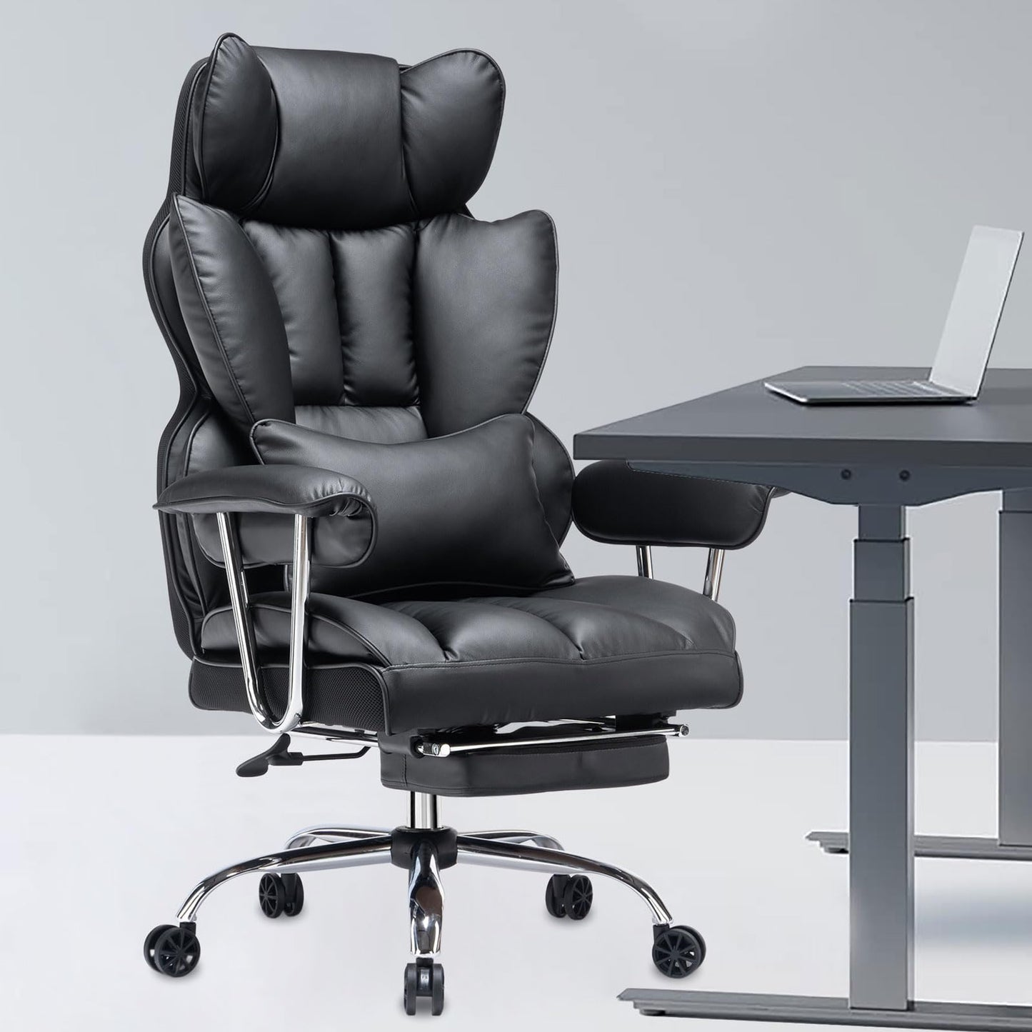 Efomao ergonomic office chair, PU leather executive chair, office chair 200 kg with footrest and lumbar support, Adjustable high back chair, Black