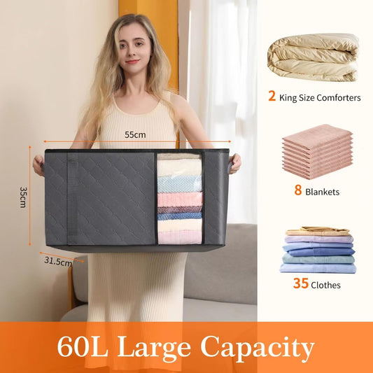 Auveir 6 Pieces 60L Storage Bag, Storage Box with Lid, Large Clothes Storage Moving Boxes, Foldable Storage Bins for Comforters Blankets Clothing Underbed Closet