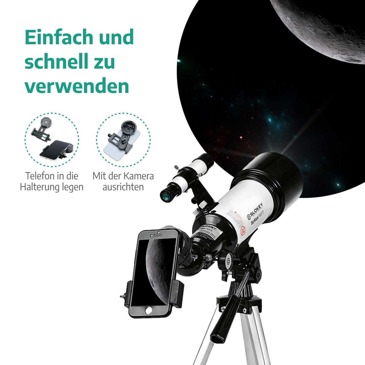 Slokey Telescope Astronomy 16x-120x, Easy to Assemble, Suitable for Kids and Beginner Adults - With Phone Adapter - Telescope for Moon and Planets