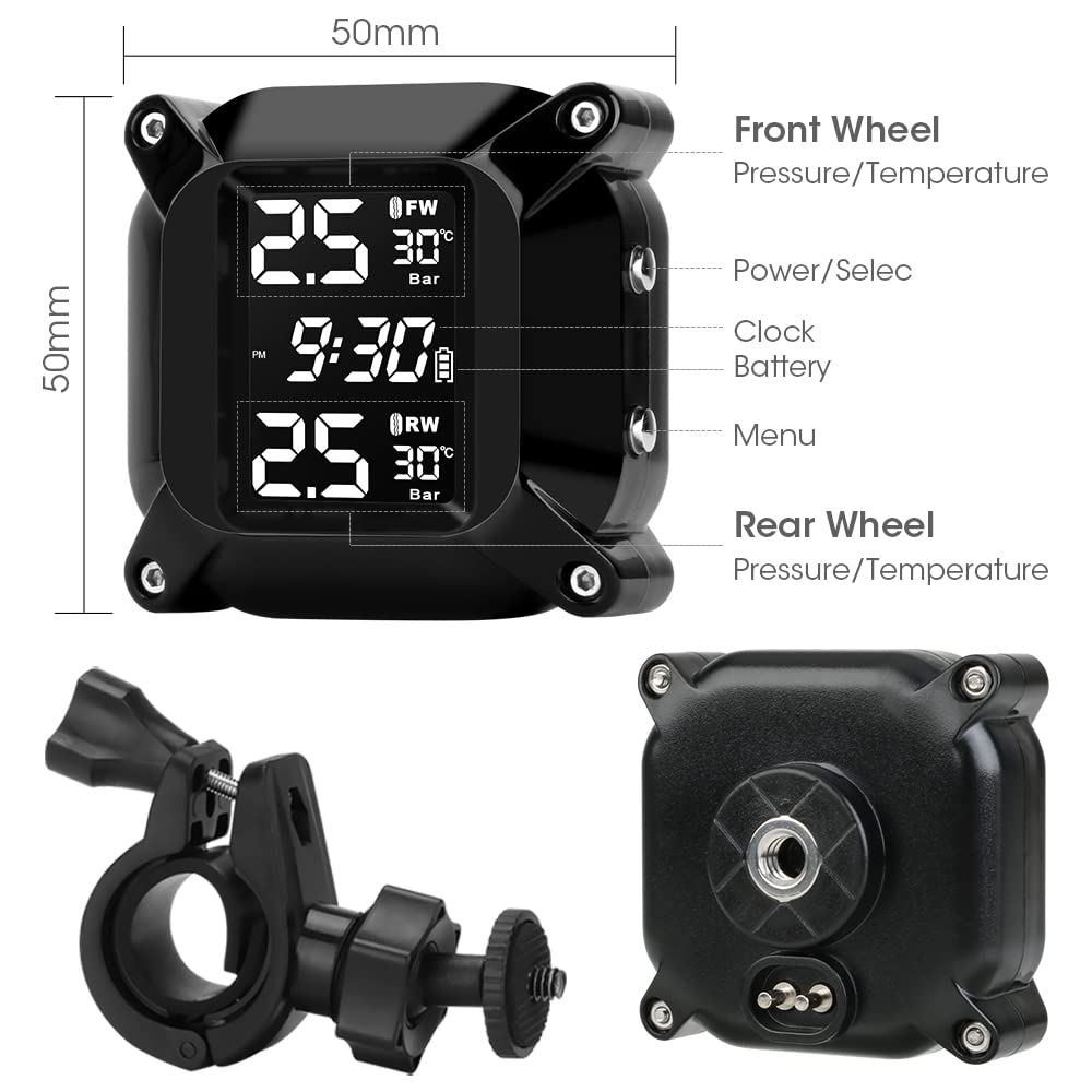 Jansite Motorcycle TPMS Wireless Tire Pressure Monitoring System with 2 external sensors LCD display Car Alarm System Anti-Off & Waterproof Waterproof