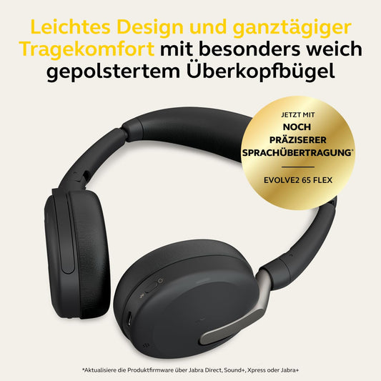 Jabra Evolve2 65 Flex - Stereo Bluetooth headset with wireless charging pad, noise-cancelling Jabra ClearVoice technology, and hybrid ANC - certified for MS Teams - Black.