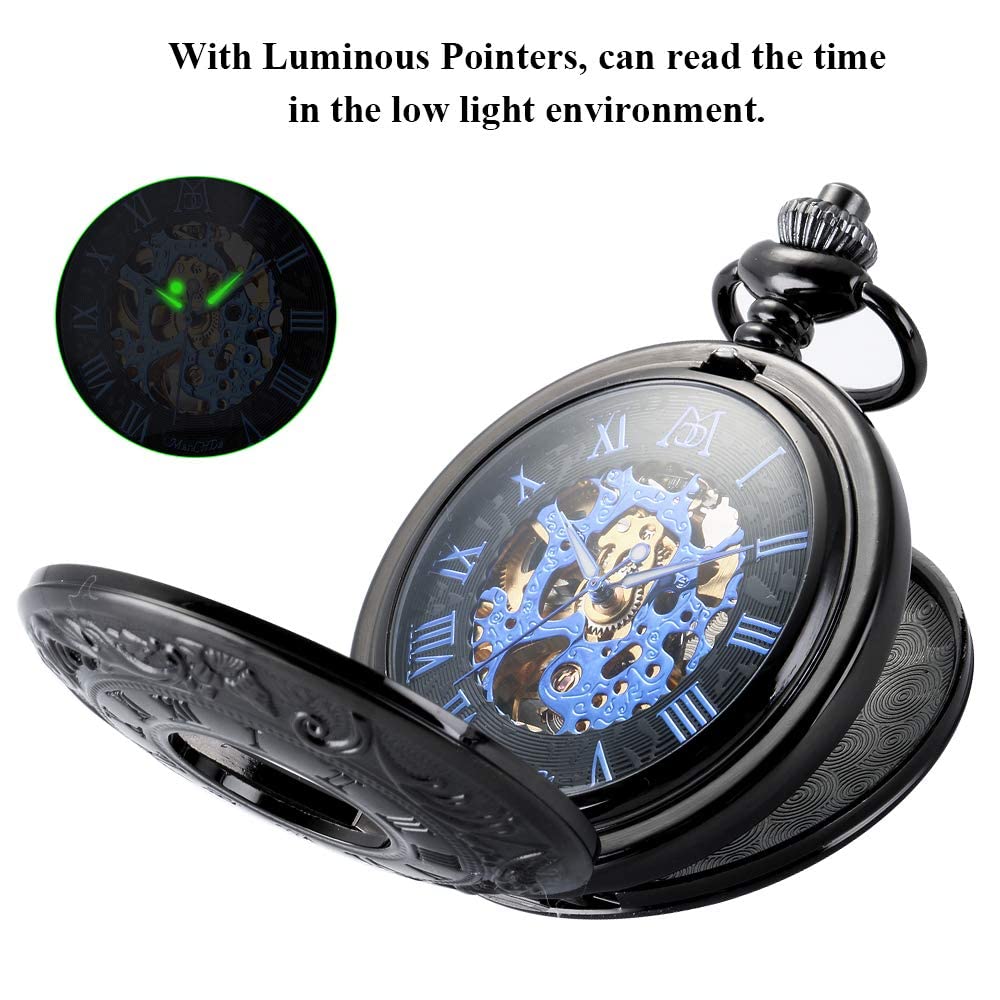 ManChDa® Classic Pocket Watch Retro Dial with Roman Numerals Steampunk Skeleton Mechanical Delicate Movement for Men Women with Chain (Black) + Gift Box