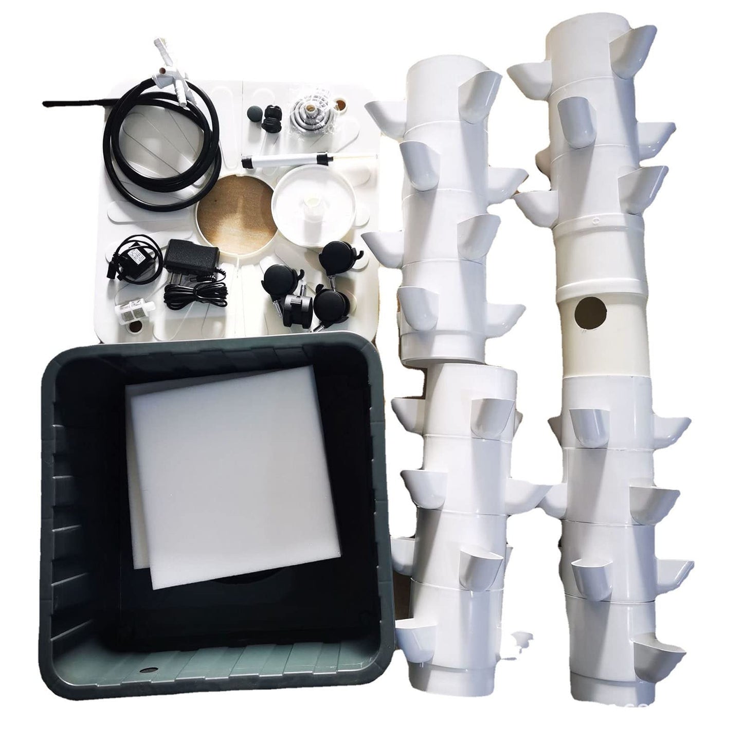 Aquaponic wax system, hydroponic tower, indoor herb garden kit, hydroponic propagation system, indoor garden kit, fruits and vegetables with hydration pump, adapter, net pots.
