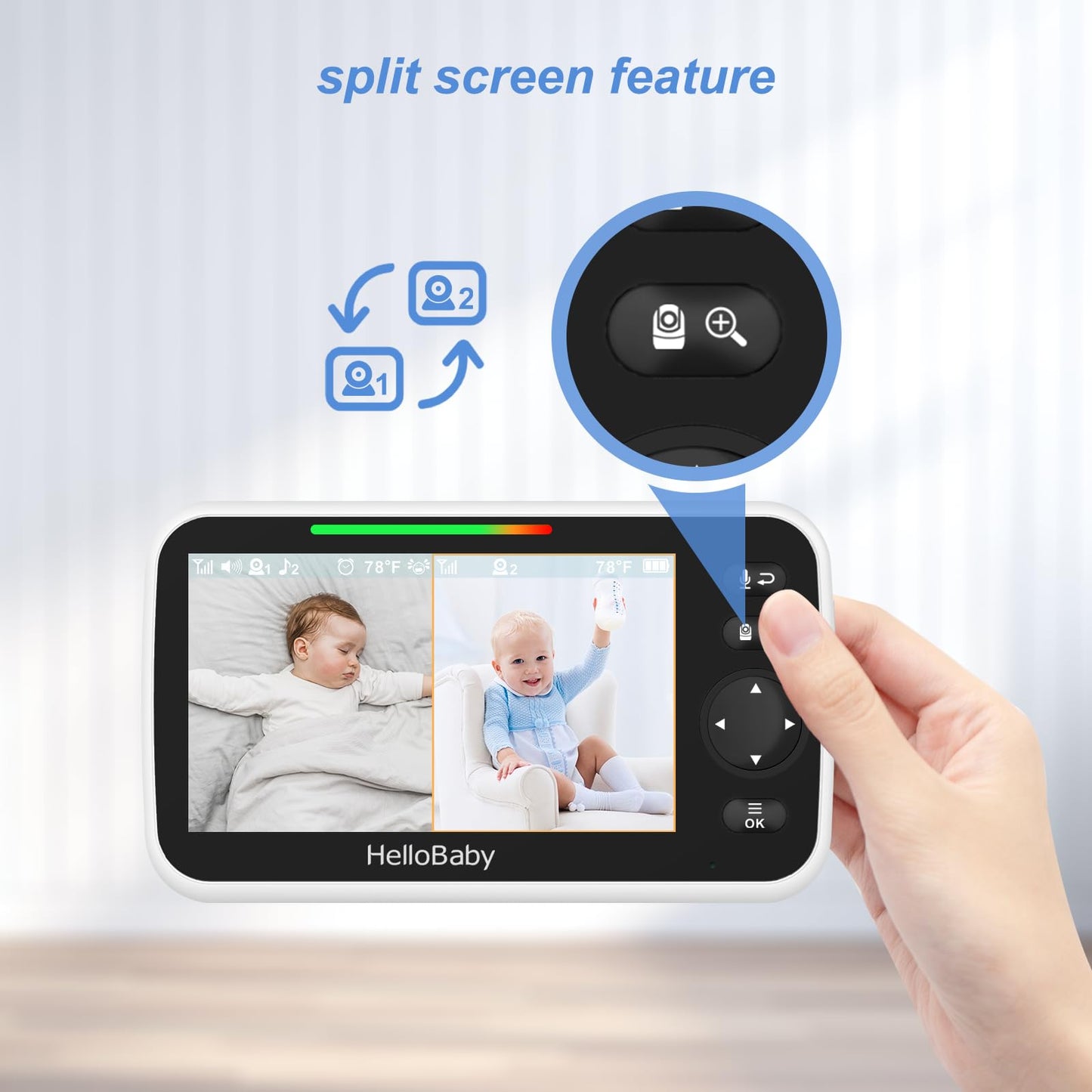 HelloBaby Video Baby Monitor, 5-inch split screen with dual cameras, remote control cameras with night vision and temperature monitoring, ECO mode, two-way talk.