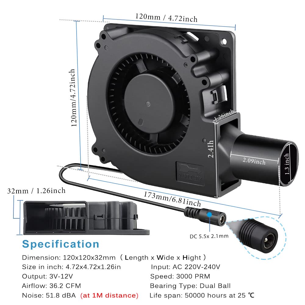 GDSTIME 120mm fan 230V radial fan 120mm x 32mm turbine fan double ball bearings 4V -12V adjustable turbines turbo for PC computer 3D printer BBQ inflatable fireplace picnic laser cutter