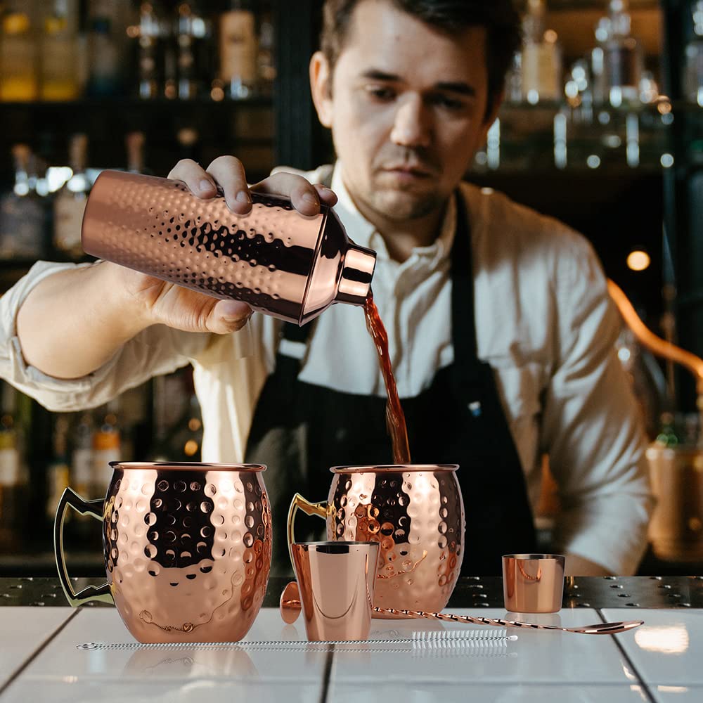 Recent Cocktail Shaker Set with 750ML Shaker, Moscow Mule Cup Set with 2 Copper Cups 500ML, Measuring Cup and Bar Spoon, Premium Copper-Stainless Steel Bar Accessories for Men and Women.