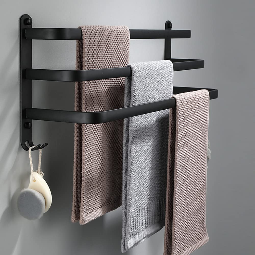 Towel holder, aluminum towel rack, wall mounted 3-tier towel bar with hooks 80CM Black Waterproof Rustproof towel holder for bathroom/kitchen/towel rack/shoe rack.