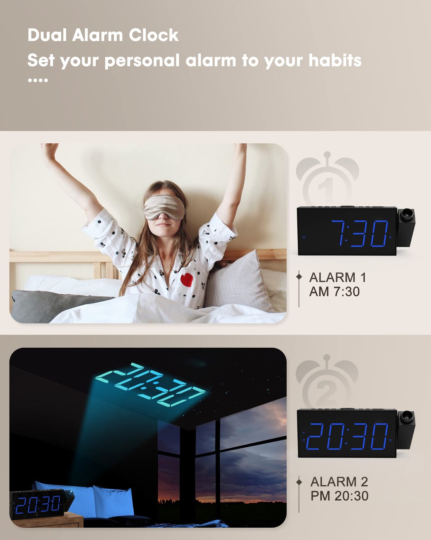 ROCAM alarm clock with projection, projection clock with USB charger, battery backup, 350° projector & dimmer, large LED display, 12/24H, DST, snooze, digital clock for kids