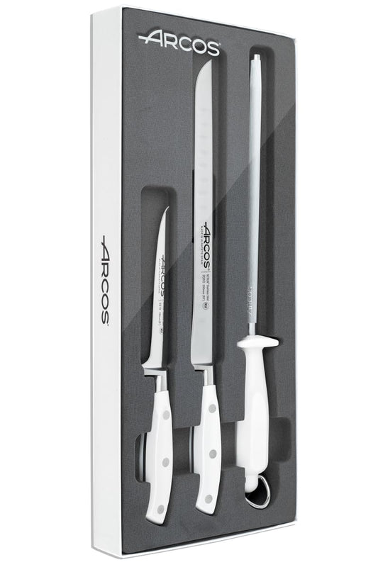 Arcos 807511 Riviera Blanc - Ham Knife Set 3 Pieces - Forged Stainless Steel - POM Handle - Color White (GIFT HAM COVER)