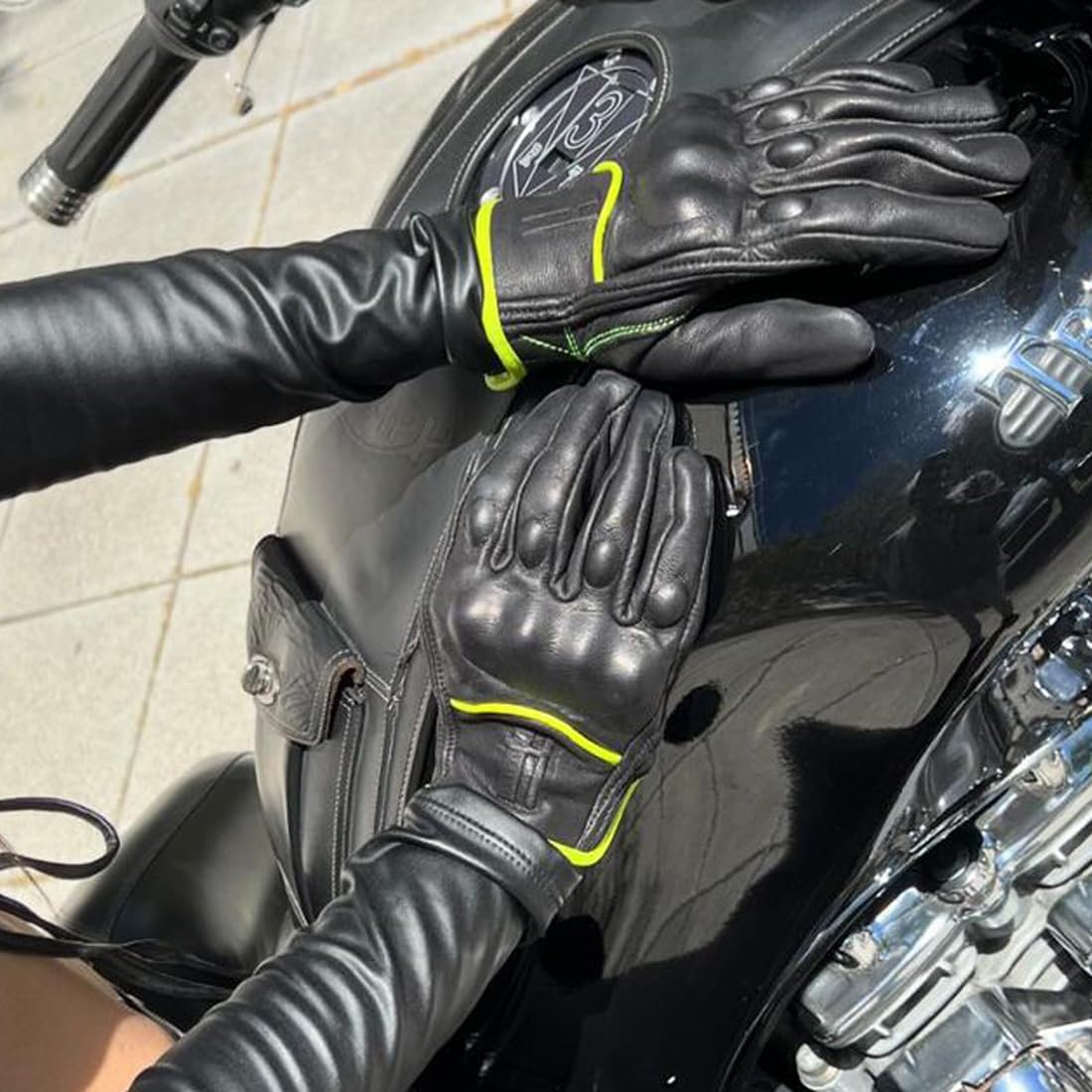 Harssidanzar Women's Full Finger Goatskin Leather Touchscreen Motorcycle Gloves GL016EU, Yellow Green, Size XS