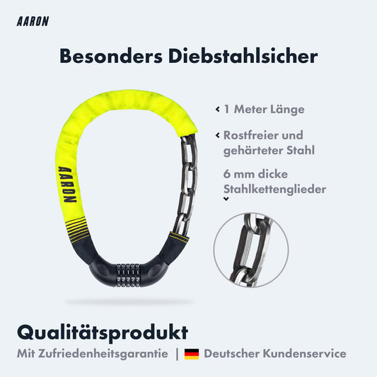 AARON Lock One bike lock with 5-digit code, steel chain, high security level | Lock for E-bike, mountain bike, trekking bike, touring bike, road bike in yellow.
