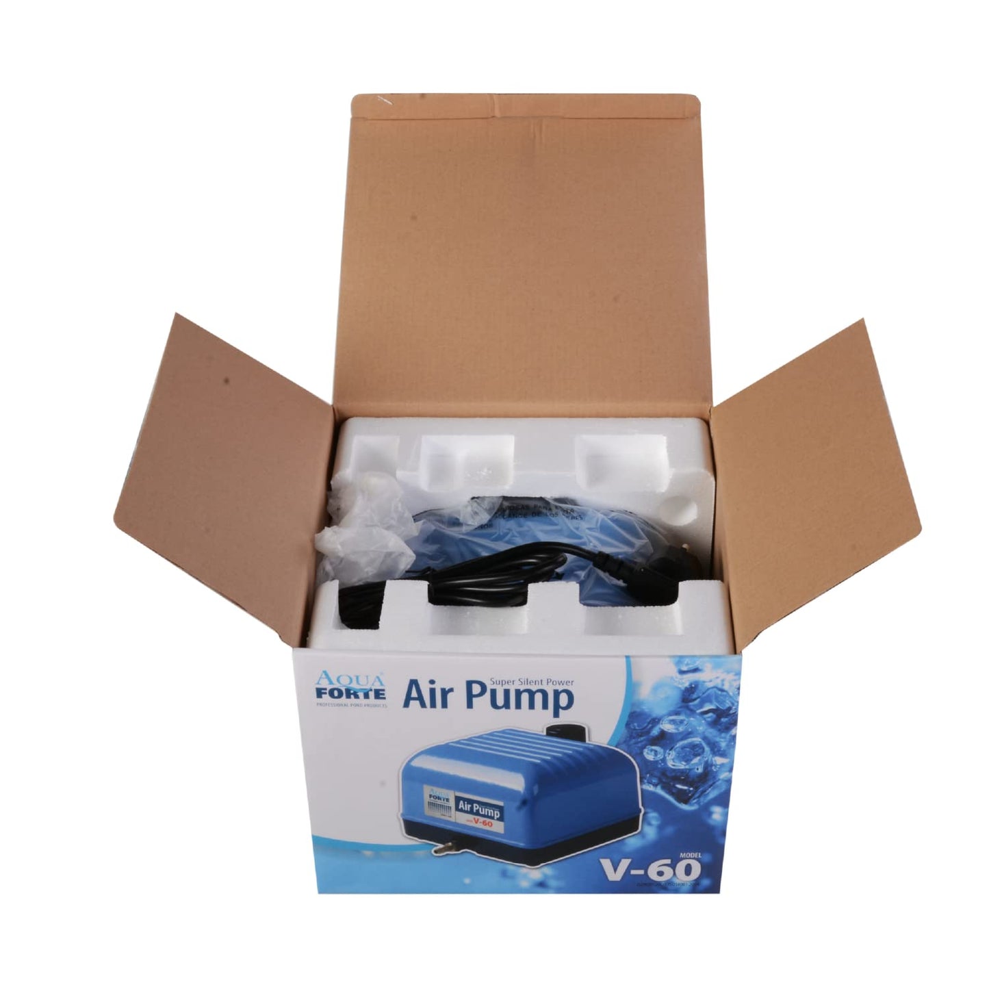 AquaForte Hi-Flow V-60 Air Pump Set, complete with air distributors, 50 m hose 4 x 6 mm, and 10 air stones 5 cm. Capacity at 2 meters 40 liters per minute. Maximum pond size 36 m3.