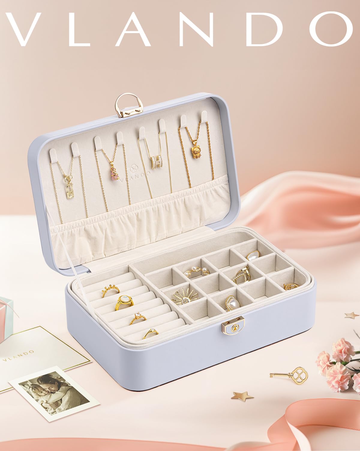 Vlando Jewelry Box for Girls Women, Double-layer Jewelry Case, Lockable Jewelry Box, Jewelry Storage Box for Rings Earrings Bracelets, Jewelry Organizer