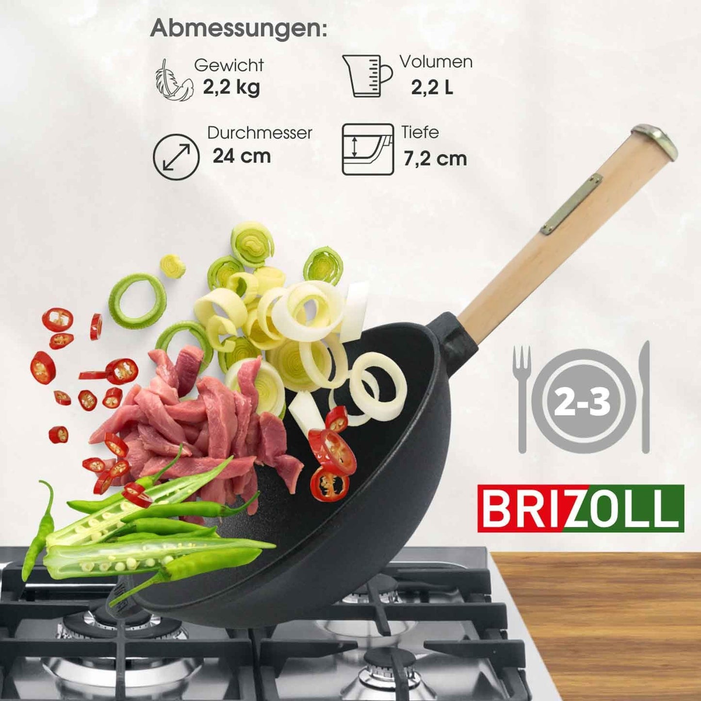 4BIG.fun Wok pan with wooden handle 24 cm made of cast iron Wok 2.2 L Outdoor frying pan Camping grill pan Cooking utensils Cast Iron Wok pan Cast Iron pan Induction