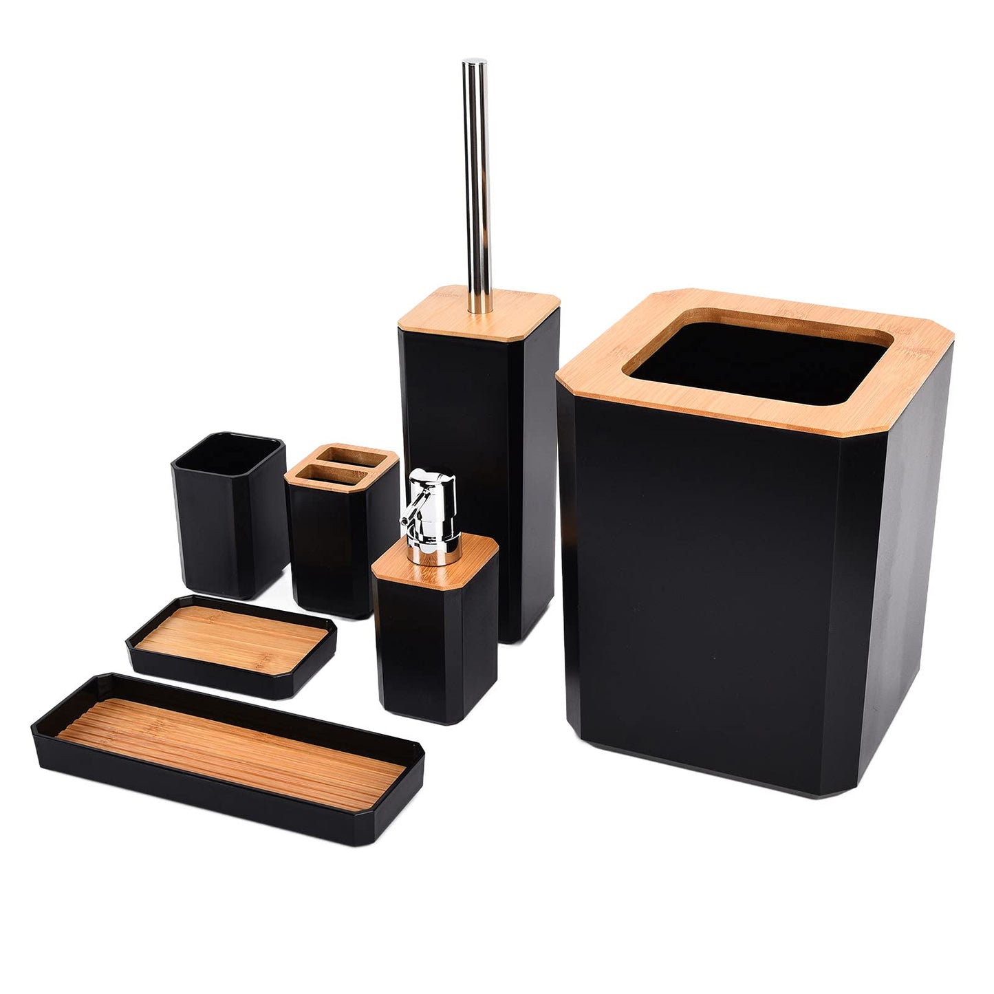 Serlium 7-Piece Bathroom Accessory Set, Bamboo ABS Toothbrush Cup Set, Soap Dispenser Set with Lotion Pump, Trash Can, Toothbrush Holder, Toilet Brush, and Soap Dish for Home Hotel