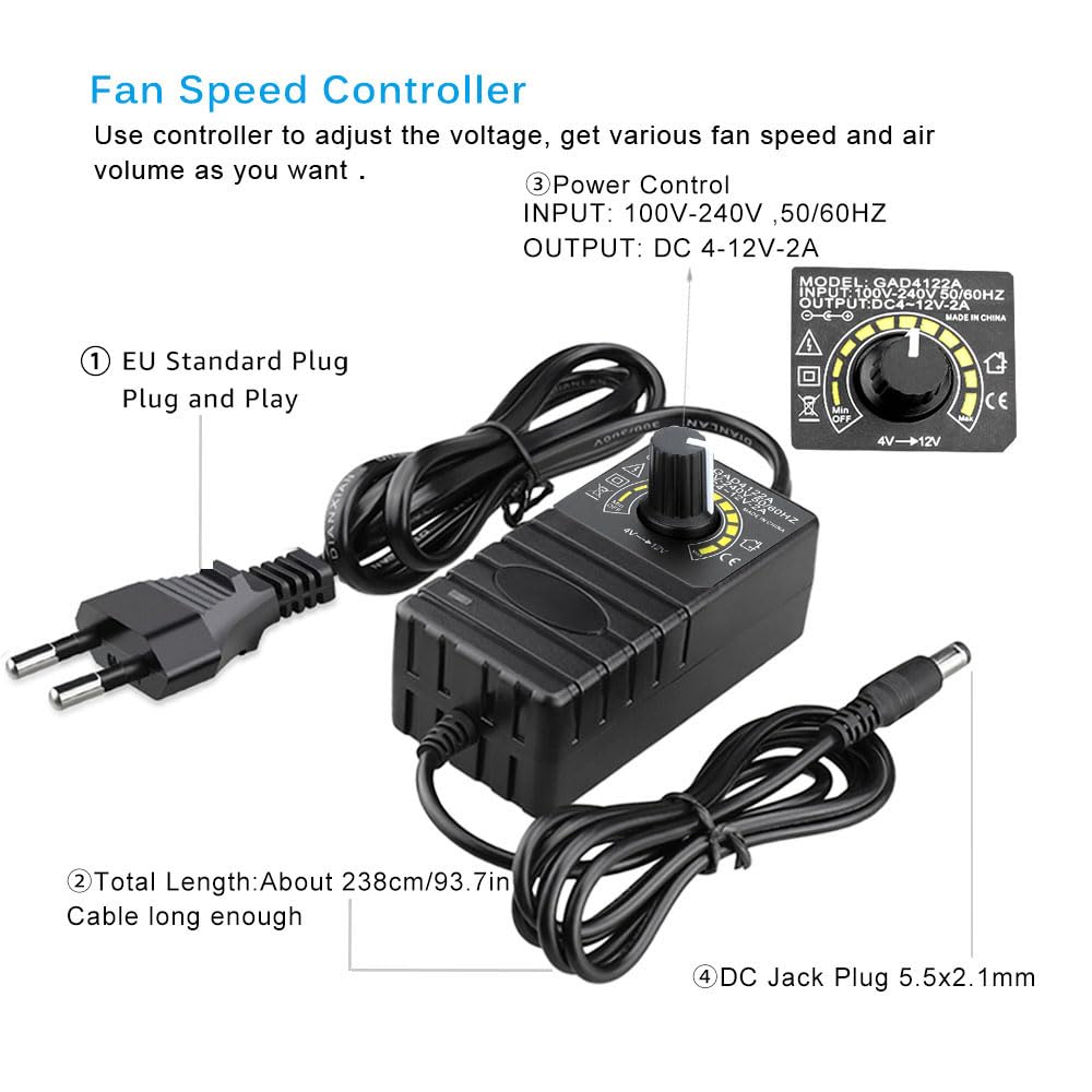 GDSTIME fan 230V 120mm fan 220v 120x120x38 double ball bearing DC 4V-12V adjustable speed for PC cabinet server grow tent laser cutter cooling ventilation