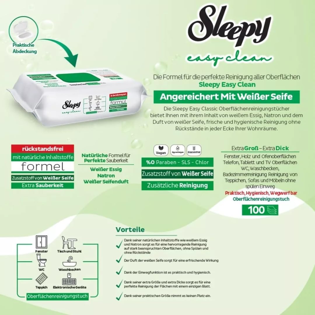 300x Sleepy cleaning wipes with bleach additive - Extra strong against stains - Green, Blue, and Yellow surface cleaning set - perfect for floors, kitchen, bathroom, and quick shine on smooth surfaces.