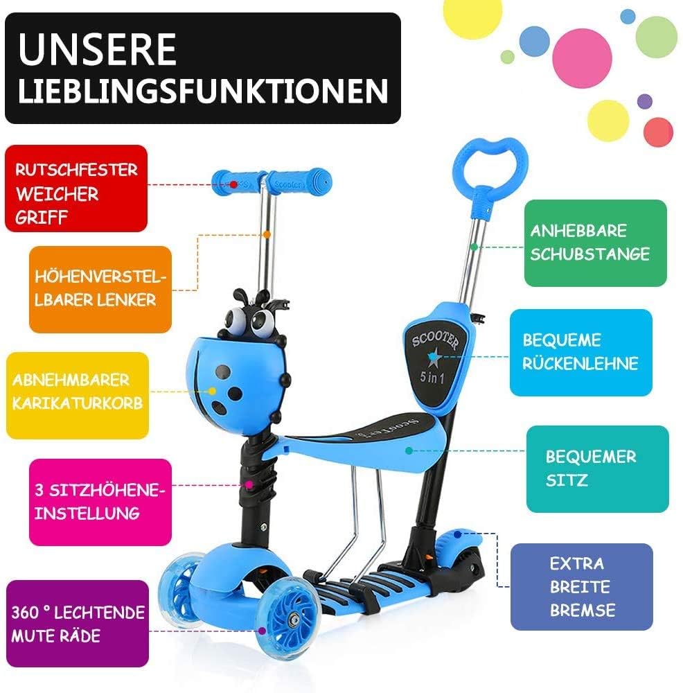 YOLEO 5-in-1 Kids Scooter with Removable Cartoon Basket Seat Push Handle LED Big Wheels Comfortable Backrest Height-Adjustable Handlebars for Toddlers Boys Girls from 2 Years (Blue)