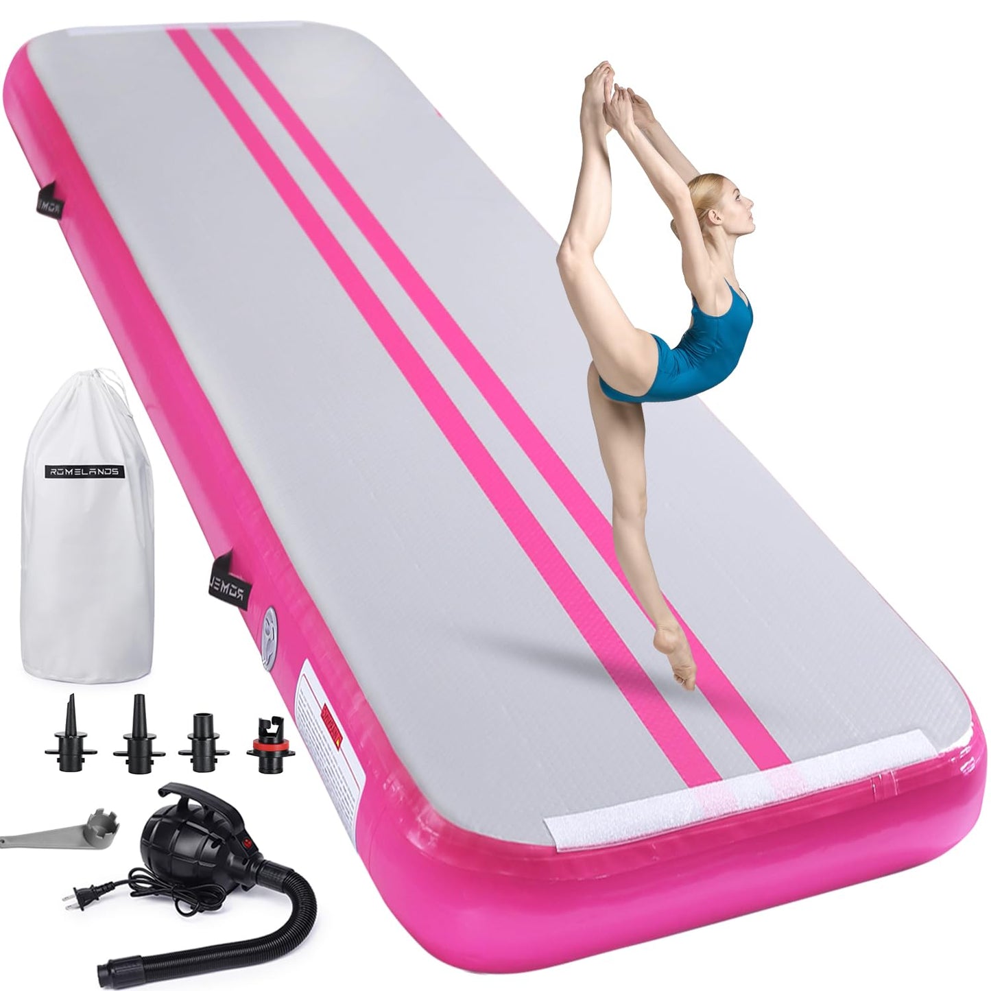 ROMELANDS Inflatable Gymnastics Airtrack Mat, 3M/4M/5M Training Mat with Air Pump, 10cm high for Yoga, Tumbling, Gymnastics, Training