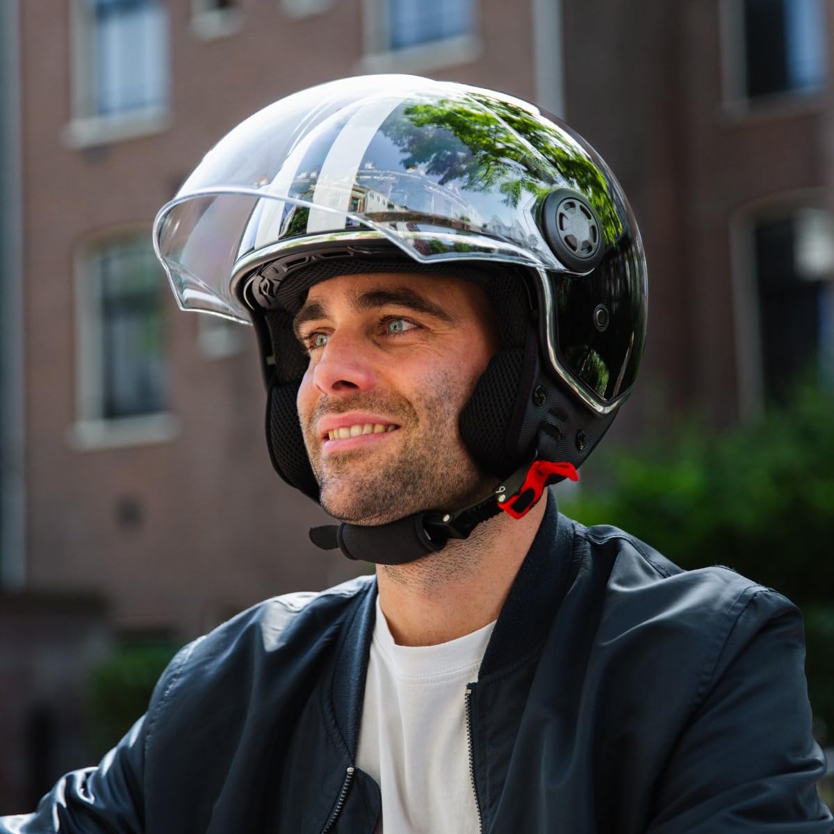 VINZ Parchi Jet Helmet with Dual Visor | Scooter Helmet Fashion Helmet with Stripes | Available in sizes XS-XXL | Jet helmet with sun visor | ECE 22.06 Certified | Motorcycle Helmet with Visor - Black