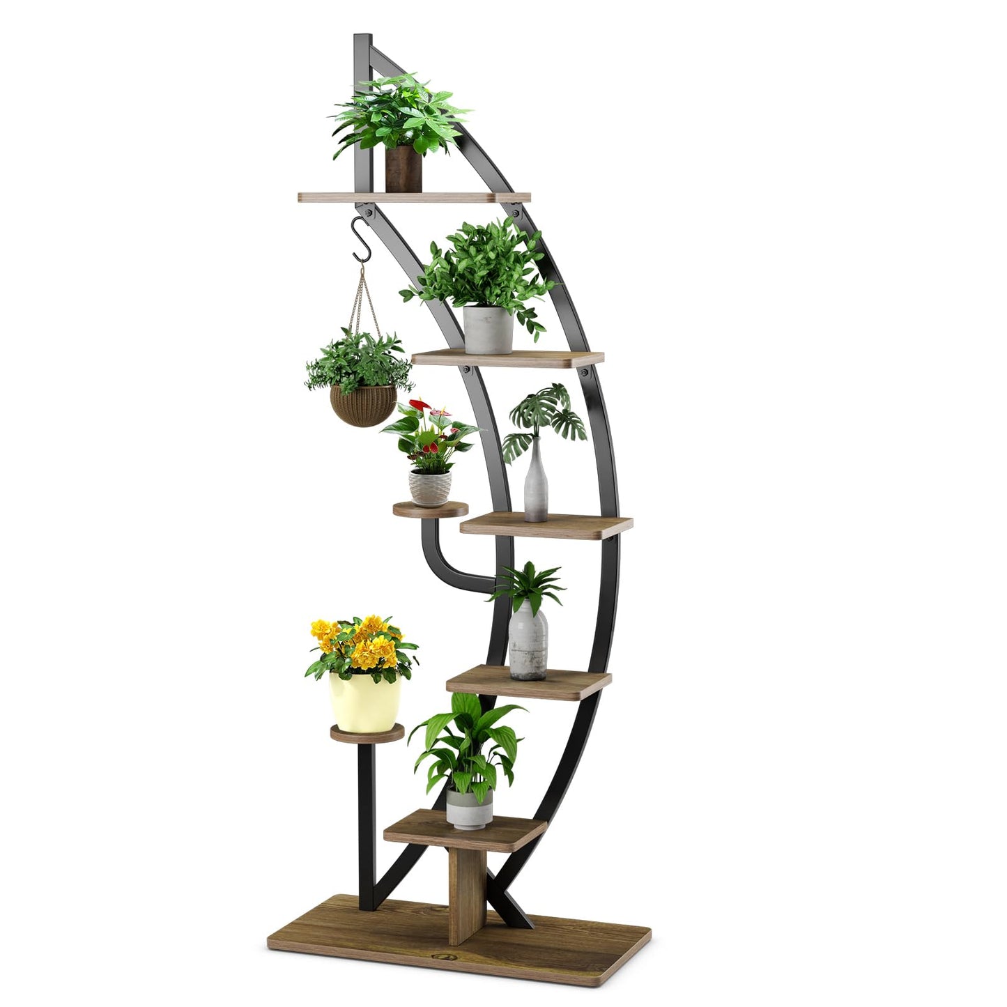 RELAX4LIFE Plant Stand Half Moon Shaped, 6-Tier Flower Shelf with Shelves Hooks, Flower Stand with 2 Installation Methods & Anti-tilt Device, Plant Shelf for Garden Balcony (1 Piece, Brown)