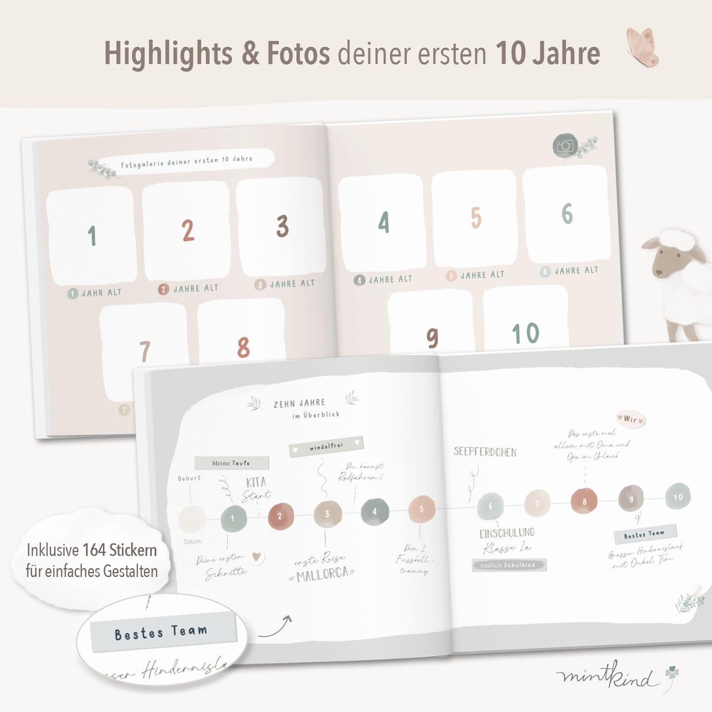 mintkind® Childhood Memory Album Beige, Baby Book with Sticker Set, Birth Gift, Children's Photo Album, Diary for Entries, Memory Book 0-10 Years, Hardcover Album