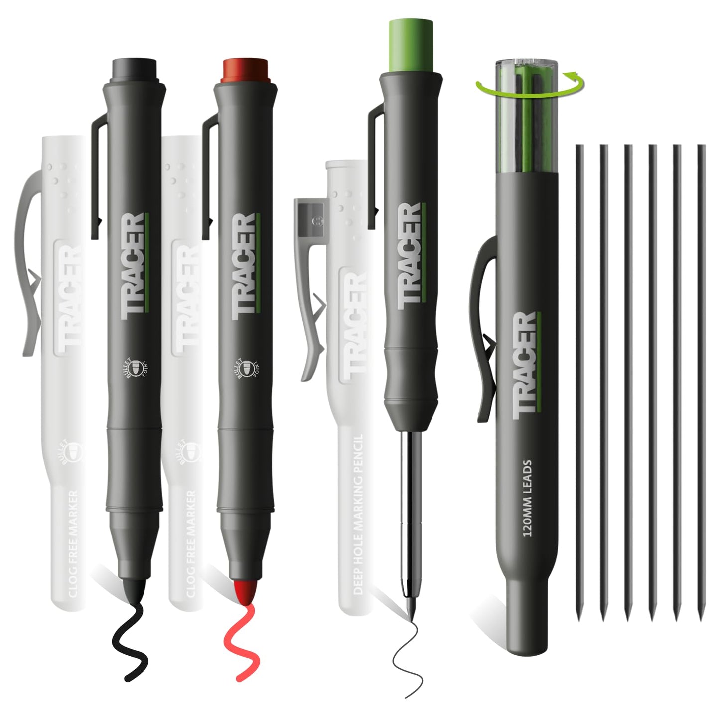 Tracer Marking Kit - Deep Hole Carpenter Pencil, Replacement Leads x 6, and 2 non-clogging markers with holster.