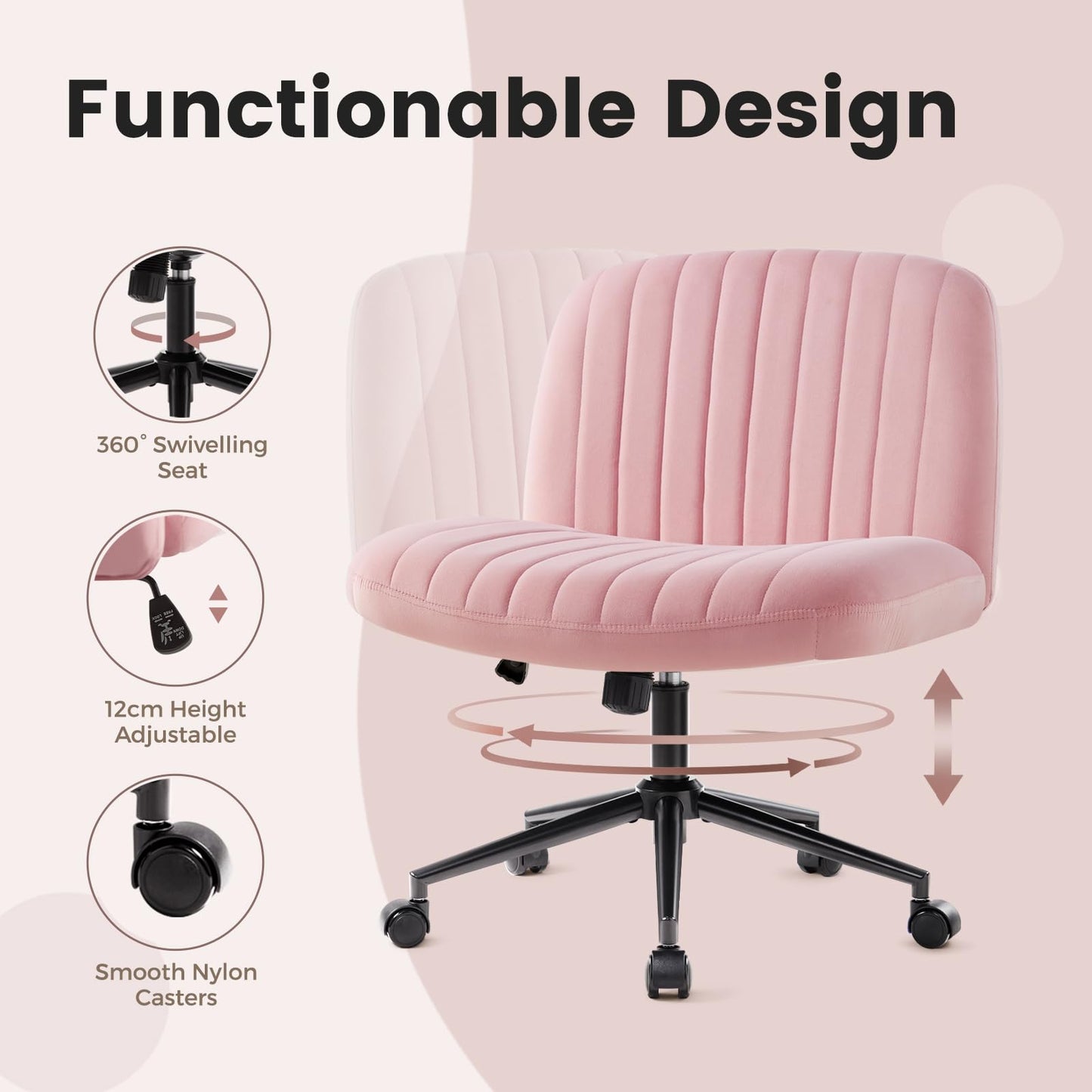 IWMH office chair without armrests, height adjustable swivel chair with wheels, desk chair with fabric upholstery, reading chair with wider cushion for sitting cross-legged (Pink with wheels).